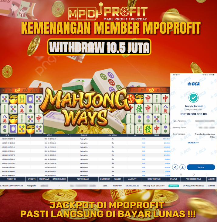 MPOPROFIT JACKPOT PGSOFT! KEMENANGAN MURNI DI (MAHJONG WAHYS  TOTAL 10.500.000,- LUNAS)